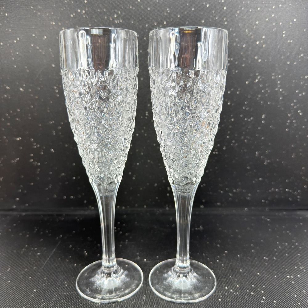 Rogaska Crystal Champagne Flutes Textured Ice Design Set of 2 Clear 8.5inch VTG
